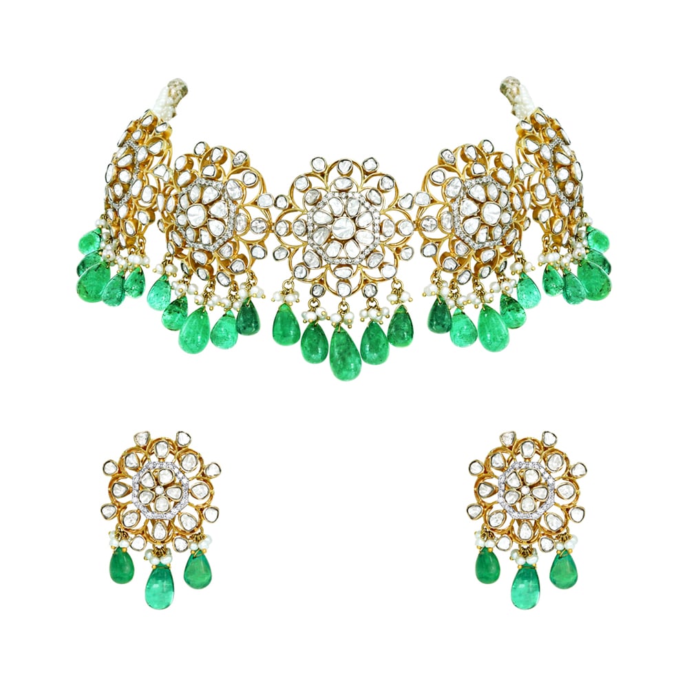 Polki Choker Set with Emerald Drops and Floral Motifs